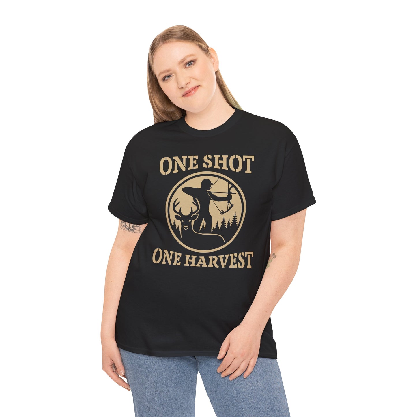 Hunting Tee, One Shot One Harvest Unisex Heavy Cotton Shirt, Outdoor Adventure Wear, Gift for Hunters, Camping Apparel, Fall Sportswear