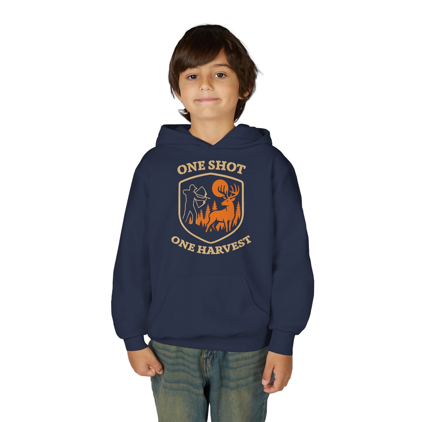 Hunting-themed Youth Hoodie, One Shot One Harvest Sweatshirt, Outdoor Gift for Teens, Fall Fashion for Kids, Perfect for Thanksgiving