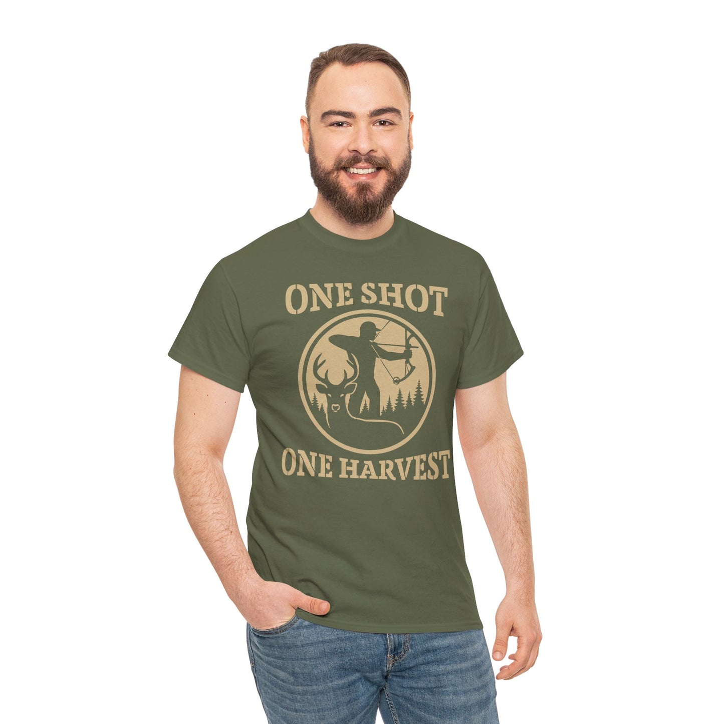 Hunting Tee, One Shot One Harvest Unisex Heavy Cotton Shirt, Outdoor Adventure Wear, Gift for Hunters, Camping Apparel, Fall Sportswear