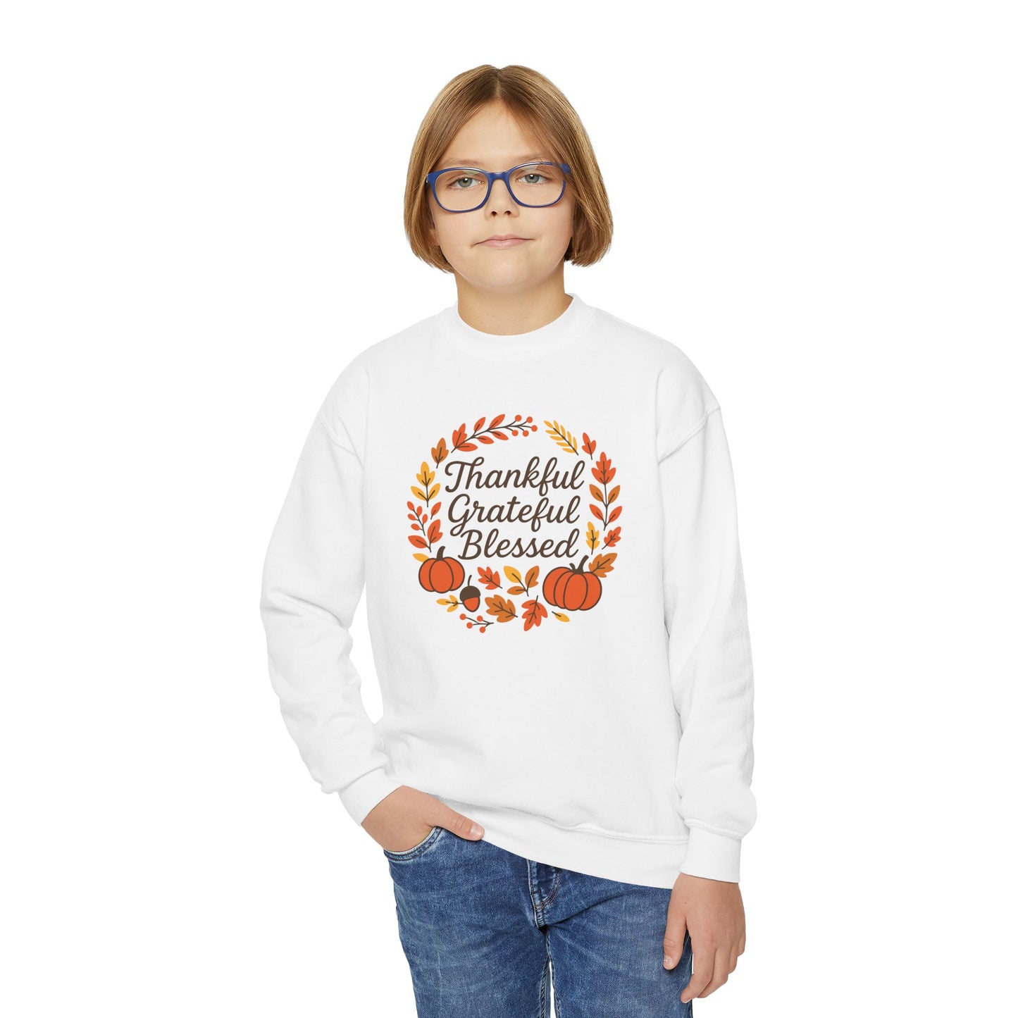 Thankful Grateful Blessed Youth Crewneck Sweatshirt, Fall Sweater, Thanksgiving Gift, Cozy Autumn Apparel, Cute Kids Sweatshirt