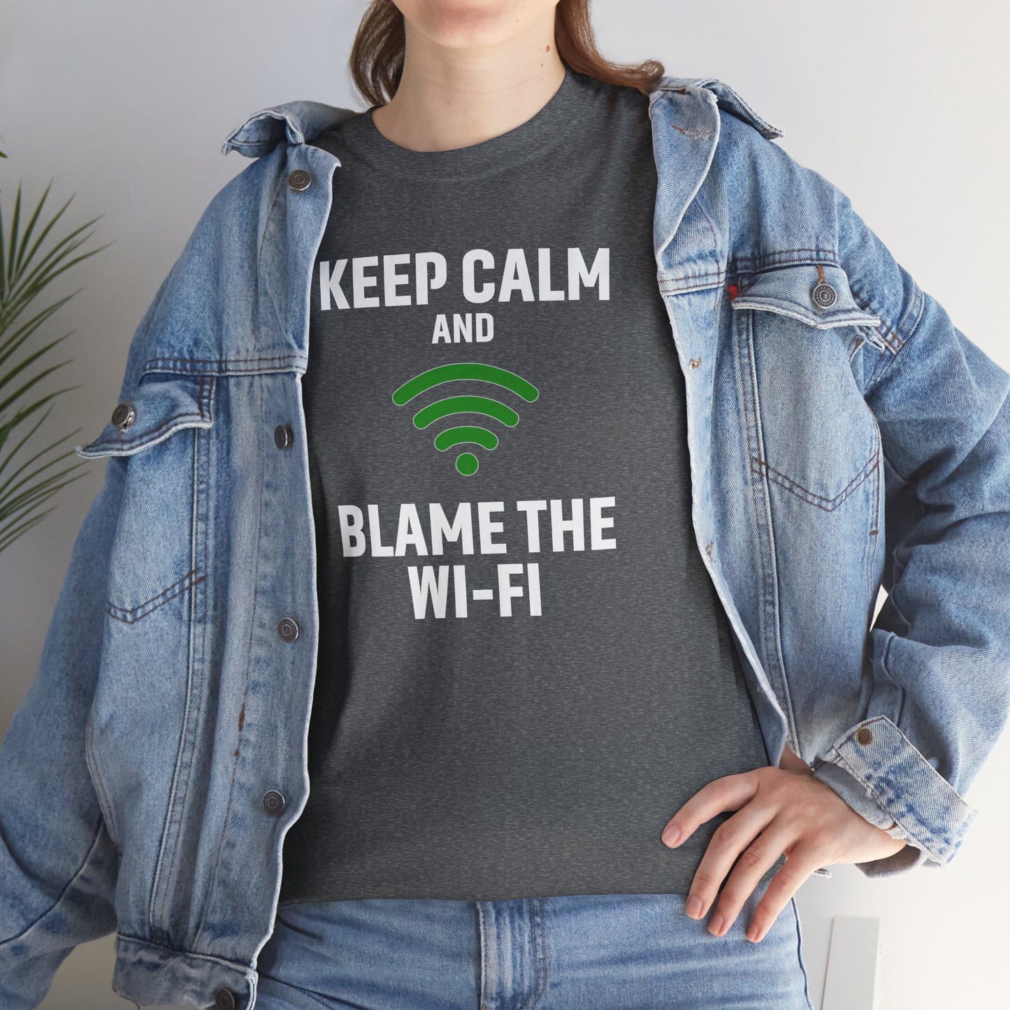 Keep Calm Blame the Wi-Fi Tee, Funny Unisex Heavy Cotton Tee, Perfect for Tech Lovers, Office Gifts, Internet Humor Shirt