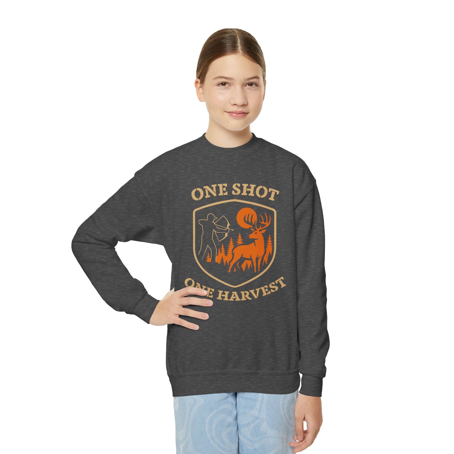 Youth Hunting Sweatshirt, One Shot One Harvest, Perfect Gift for Young Hunters, Outdoor Sportswear, Fall and Winter Apparel