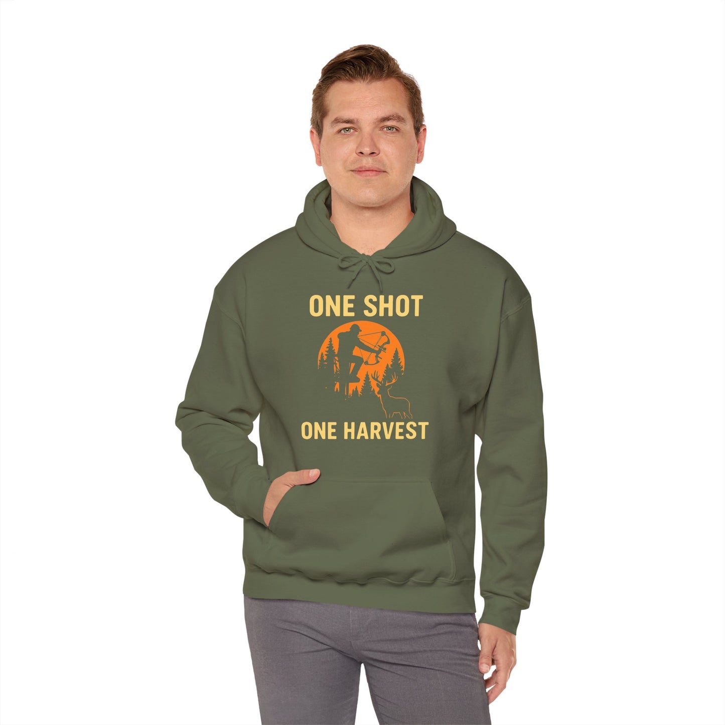 Hunting Theme Unisex Hoodie, One Shot One Harvest, Fall Apparel, Outdoor Gear, Gift for Hunters, Cozy Hoodie