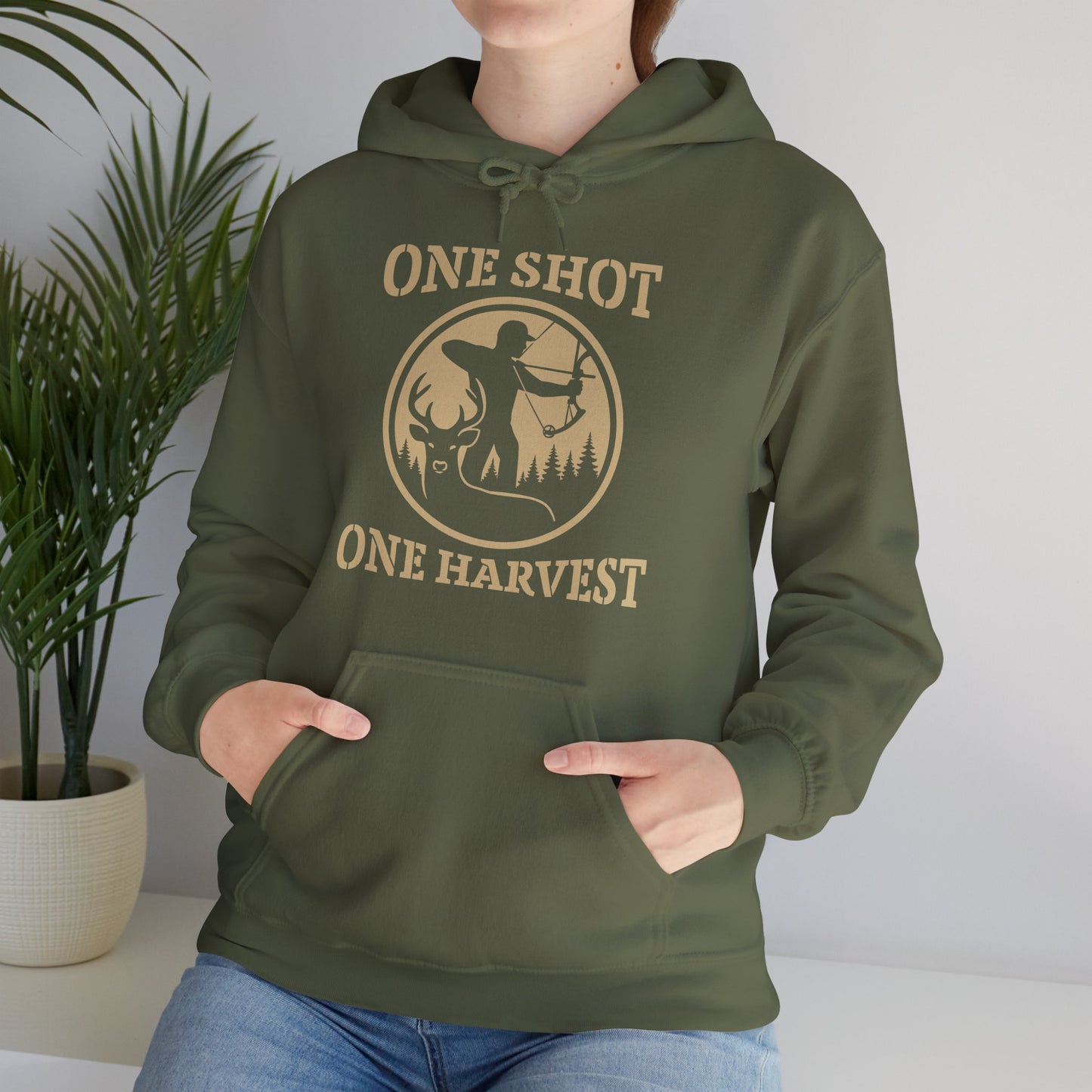 Hunting Themed Unisex Hoodie, Perfect for Bow Hunters, Fall Gatherings, Gifts, Cozy Layering, One Shot One Harvest Design