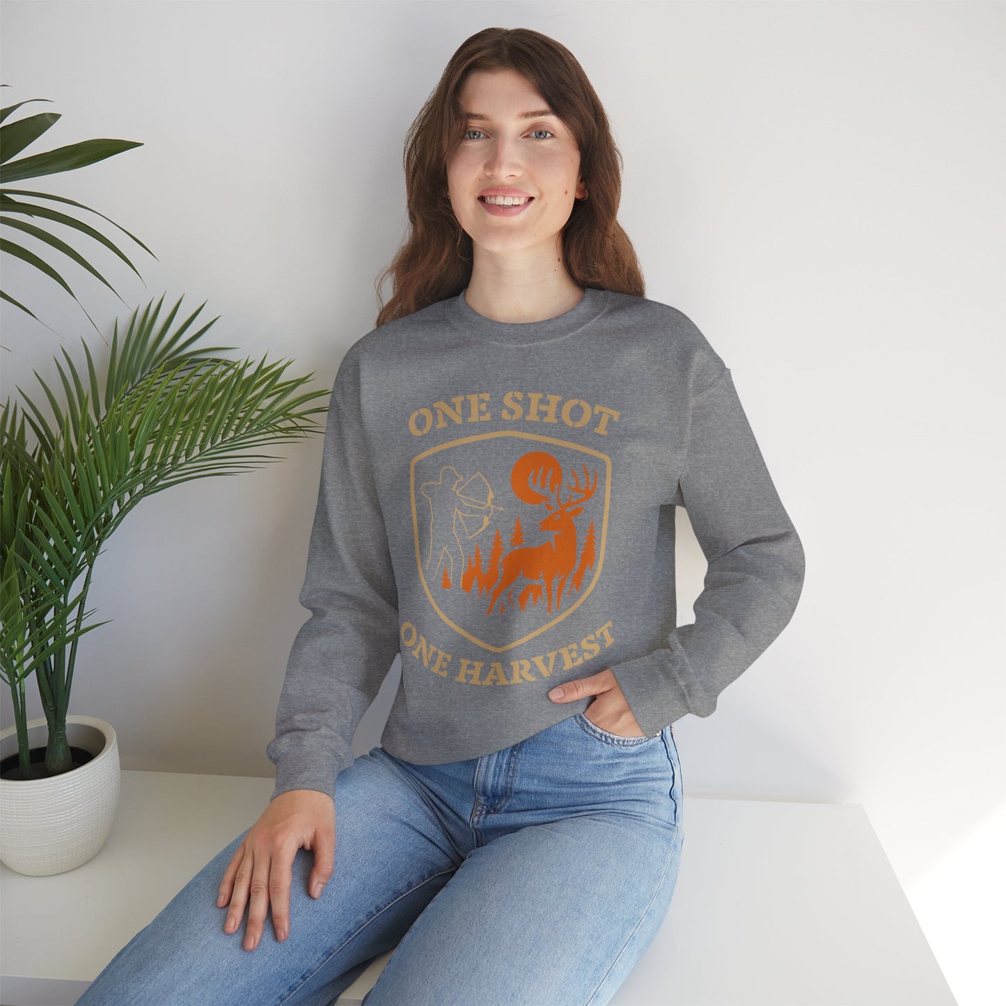 Outdoor Hunting Sweatshirt, Perfect for Hunters, One Shot One Harvest Gift, Cozy Fall Apparel, Classic Crewneck