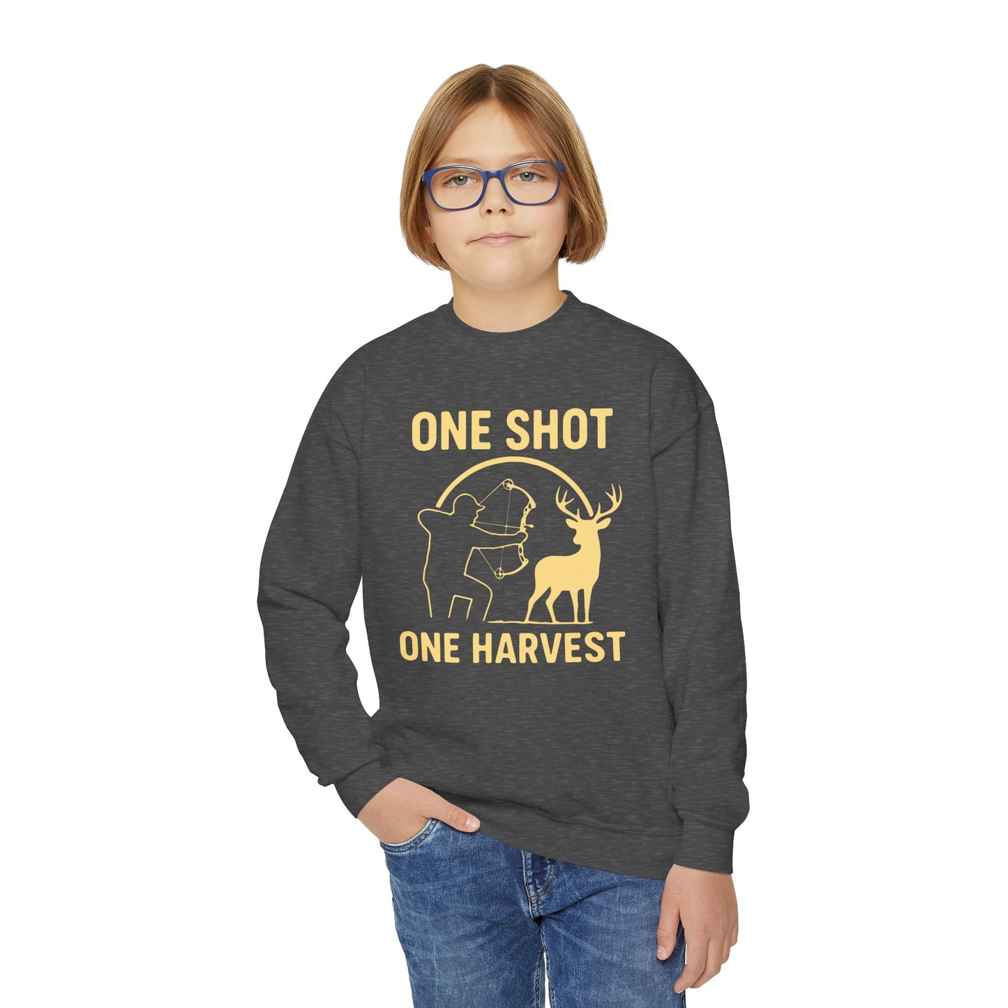Youth Hunting Sweatshirt - One Shot One Harvest, Kids Outdoor Apparel, Fall Season Gift, Youth Crewneck Pullover, Birthday Gift