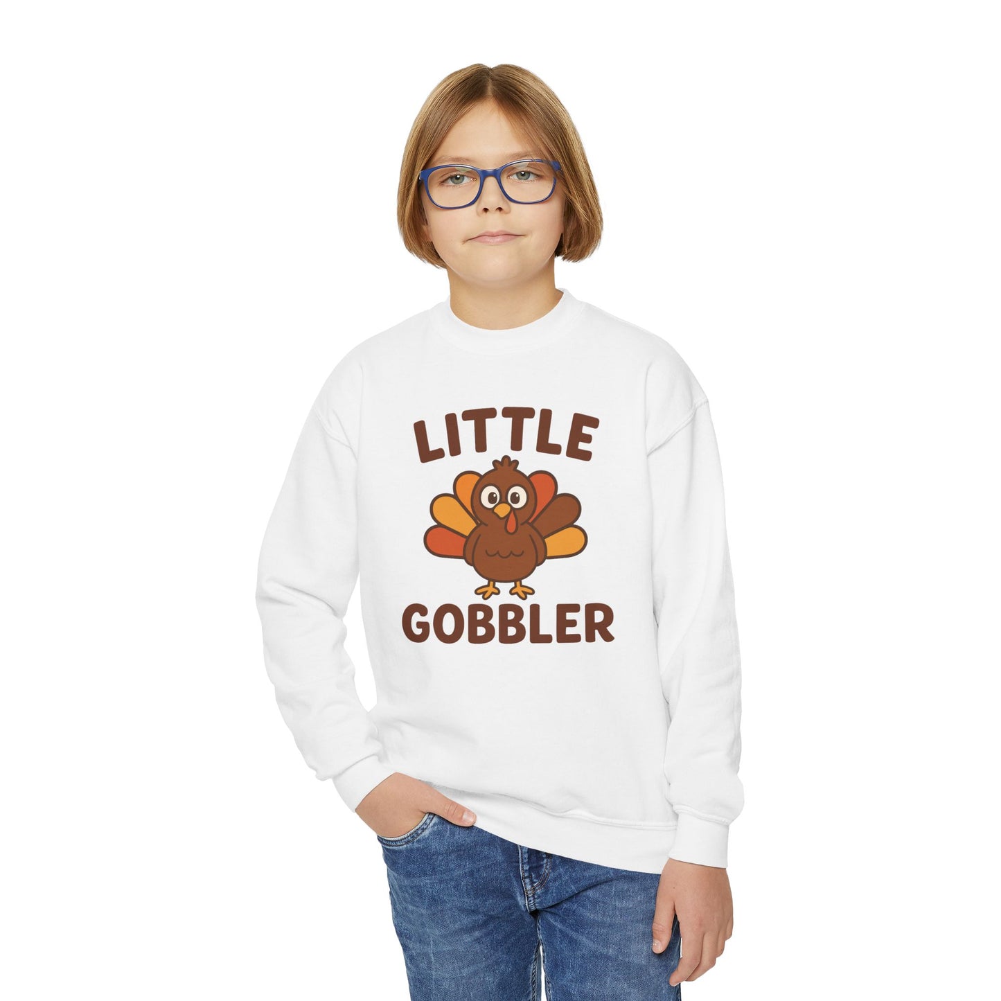 Youth Little Gobbler Crewneck Sweatshirt for Thanksgiving, Cute Holiday Gift for Kids, Thanksgiving Sweater, Kids Fall Fashion