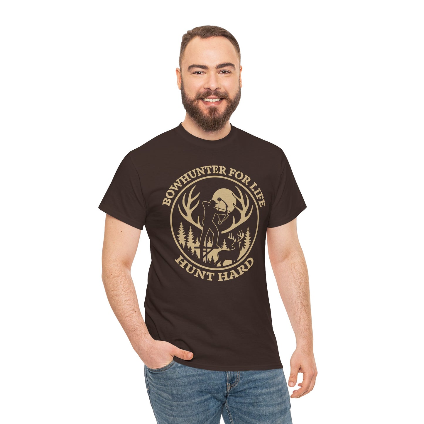 Unisex Heavy Cotton Tee featuring 'Bowhunter for Life - Hunt Hard' Graphic, Perfect for Hunters, Outdoor Enthusiasts