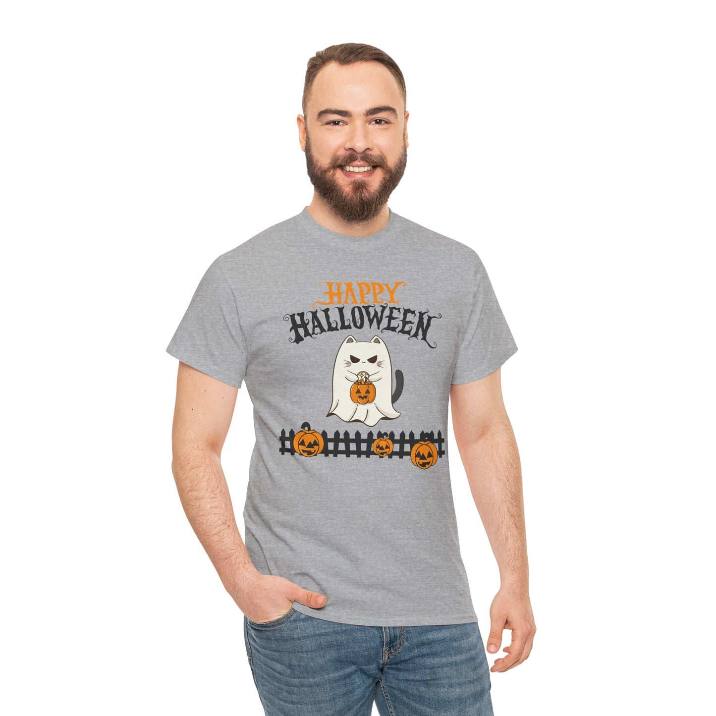 Halloween Cat Heavy Cotton Tee, Unisex, Spooky Fall Apparel, Cat Lover Shirt
