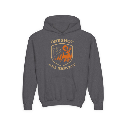 Hunting-themed Youth Hoodie, One Shot One Harvest Sweatshirt, Outdoor Gift for Teens, Fall Fashion for Kids, Perfect for Thanksgiving