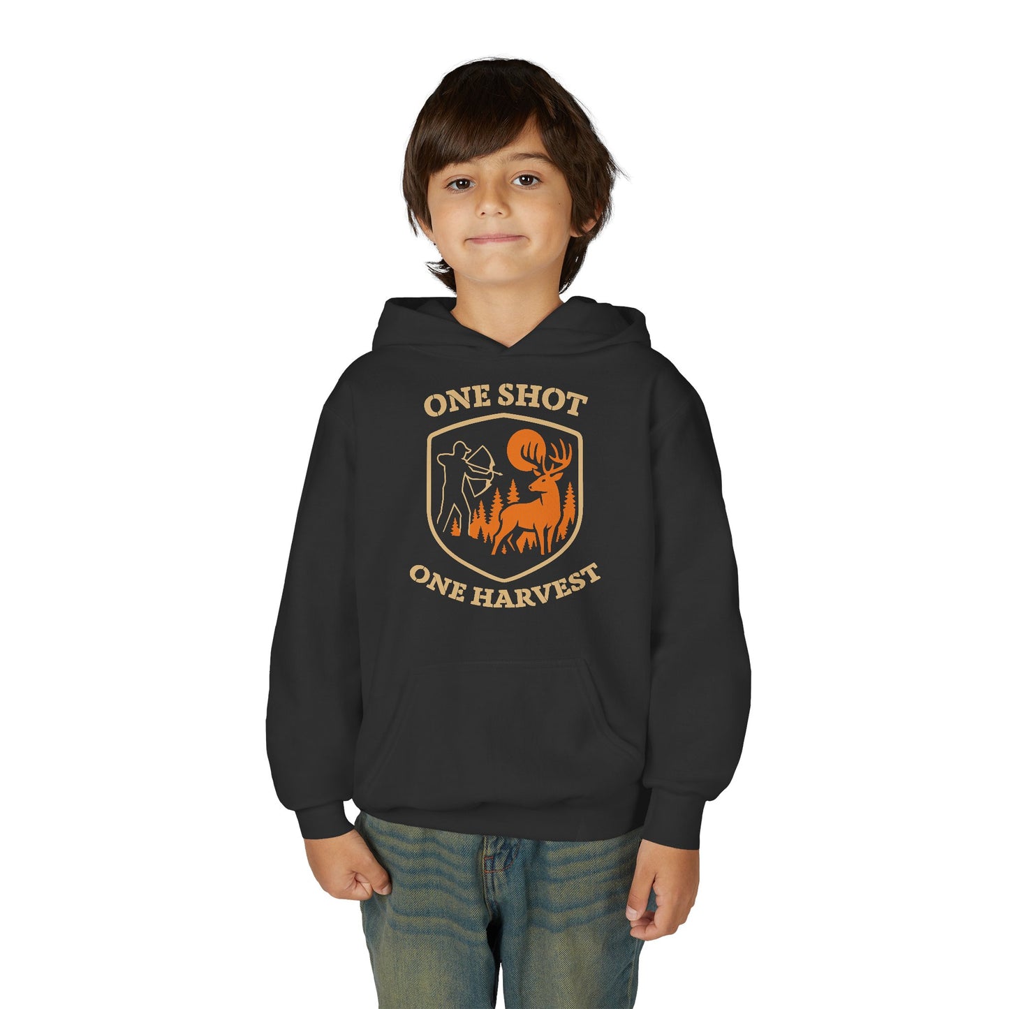 Hunting-themed Youth Hoodie, One Shot One Harvest Sweatshirt, Outdoor Gift for Teens, Fall Fashion for Kids, Perfect for Thanksgiving