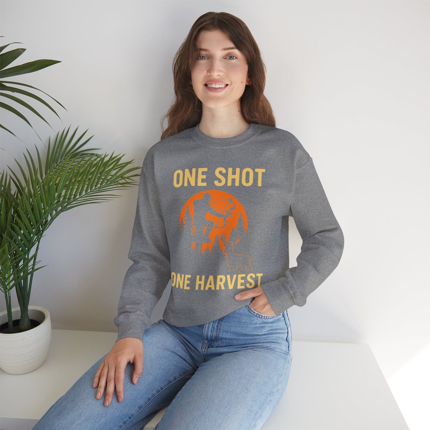Hunting Crewneck Sweatshirt, One Shot One Harvest Sweatshirt, Gift for Hunters, Outdoor Apparel, Fall Outfit, Harvest Season Sweatshirt