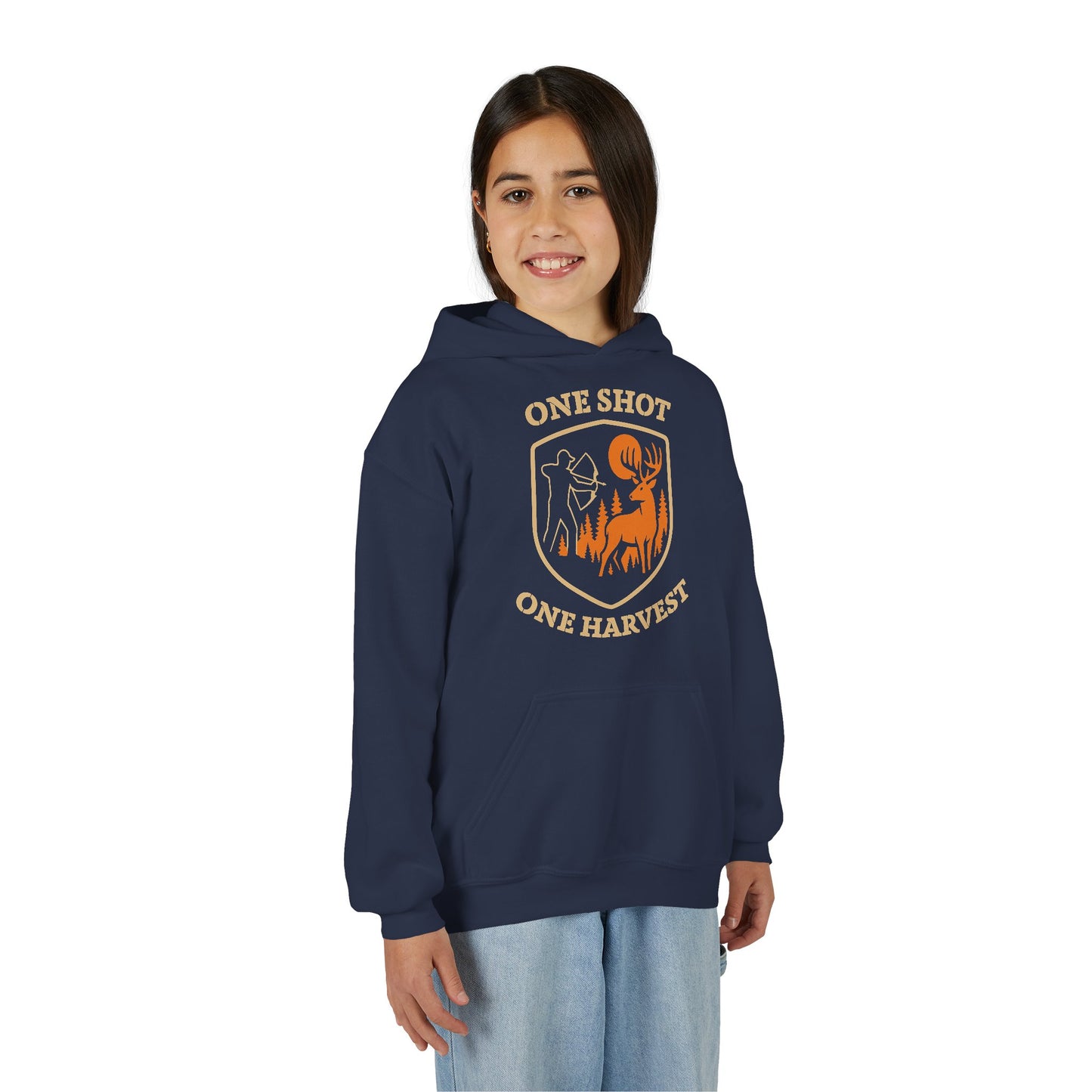 Hunting-themed Youth Hoodie, One Shot One Harvest Sweatshirt, Outdoor Gift for Teens, Fall Fashion for Kids, Perfect for Thanksgiving
