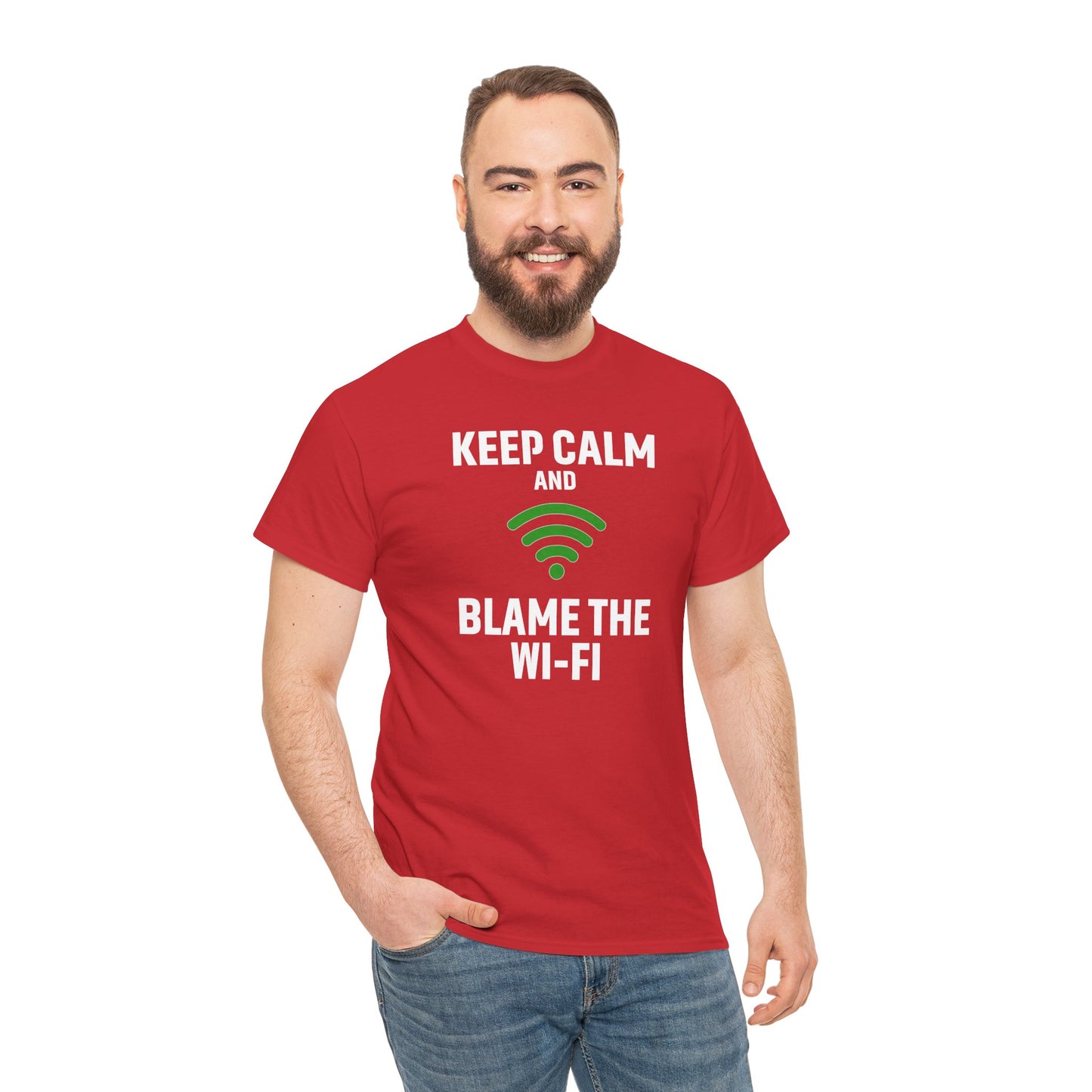 Keep Calm Blame the Wi-Fi Tee, Funny Unisex Heavy Cotton Tee, Perfect for Tech Lovers, Office Gifts, Internet Humor Shirt