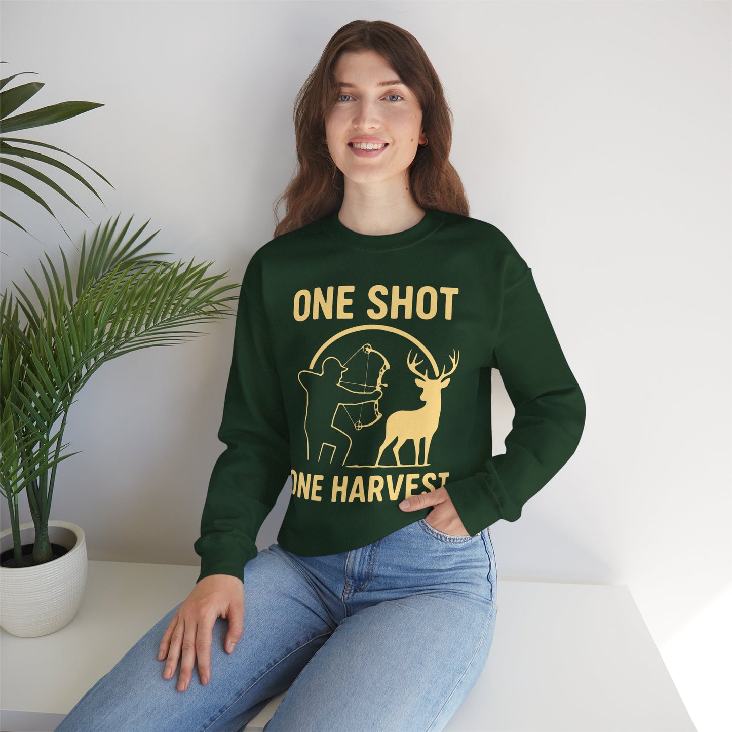 Hunting-Themed Crewneck Sweatshirt, Outdoor Apparel, Gift for Hunters, Fall Fashion, Men's Sweatshirt, One Shot One Harvest