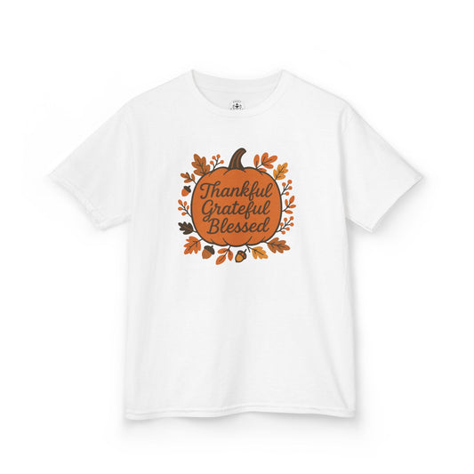 Thankful Grateful Blessed Kids Tee, Fall Shirt, Autumn Outfit, Thanksgiving Gift, Kids Cotton T-Shirt