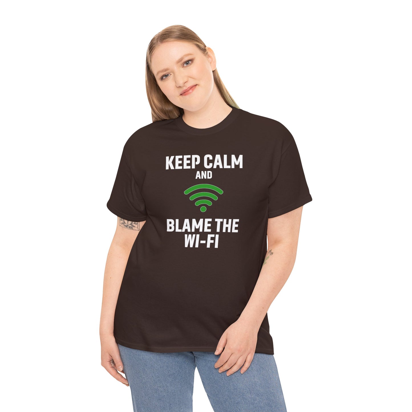 Keep Calm Blame the Wi-Fi Tee, Funny Unisex Heavy Cotton Tee, Perfect for Tech Lovers, Office Gifts, Internet Humor Shirt