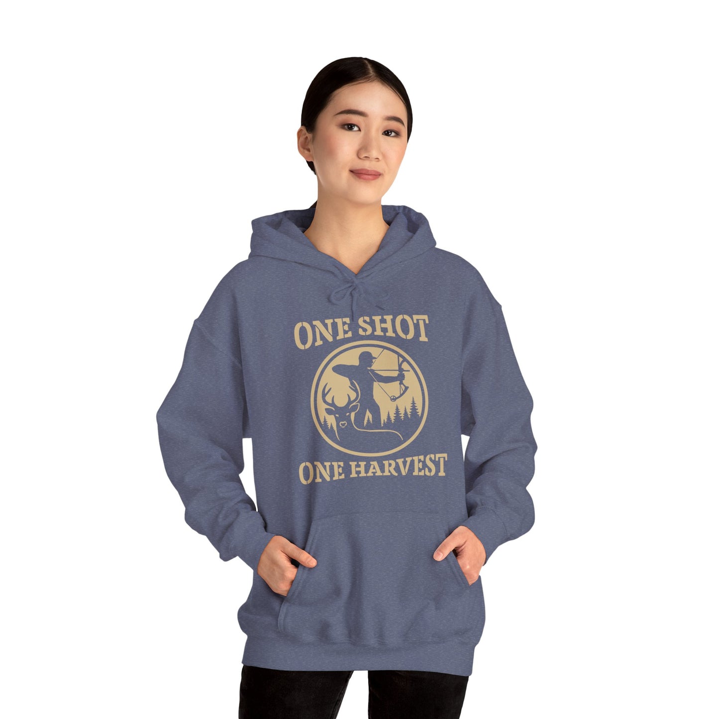 Hunting Themed Unisex Hoodie, Perfect for Bow Hunters, Fall Gatherings, Gifts, Cozy Layering, One Shot One Harvest Design