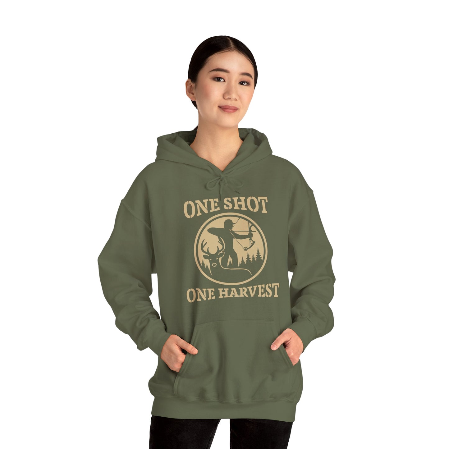 Hunting Themed Unisex Hoodie, Perfect for Bow Hunters, Fall Gatherings, Gifts, Cozy Layering, One Shot One Harvest Design