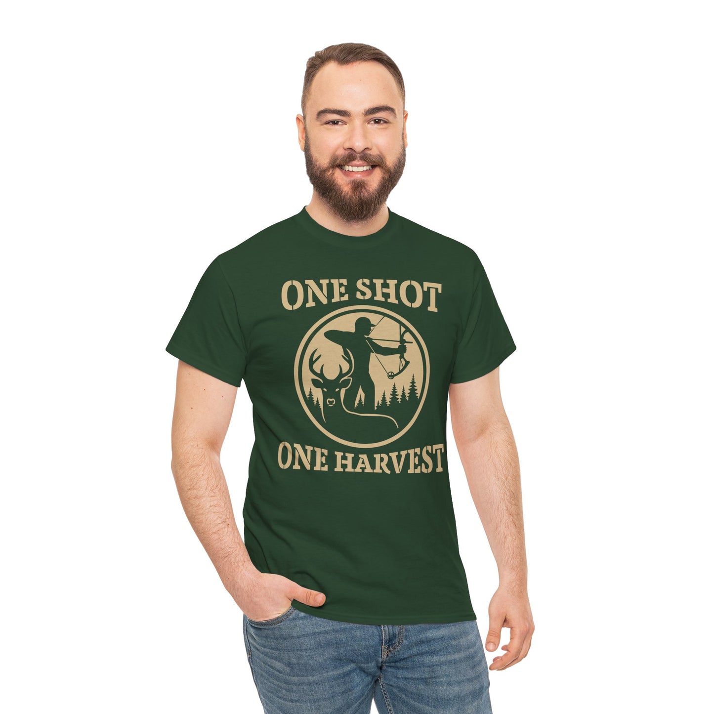 Hunting Tee, One Shot One Harvest Unisex Heavy Cotton Shirt, Outdoor Adventure Wear, Gift for Hunters, Camping Apparel, Fall Sportswear