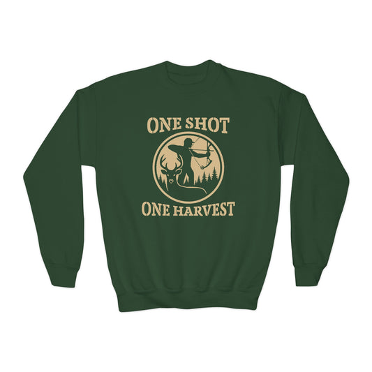 Youth Hunting Sweatshirt, Cozy Outdoor Apparel, Perfect for Fall, Gifts for Young Hunters, One Shot One Harvest Design