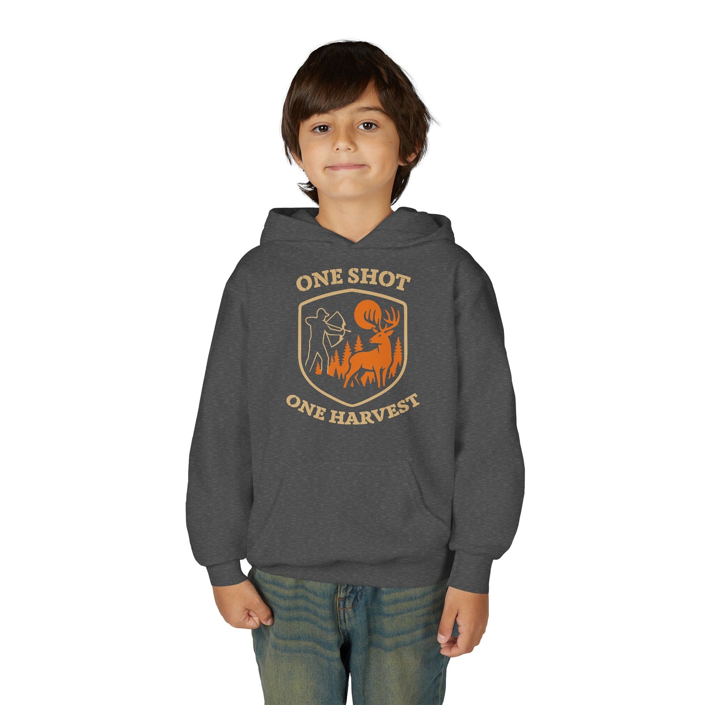 Hunting-themed Youth Hoodie, One Shot One Harvest Sweatshirt, Outdoor Gift for Teens, Fall Fashion for Kids, Perfect for Thanksgiving