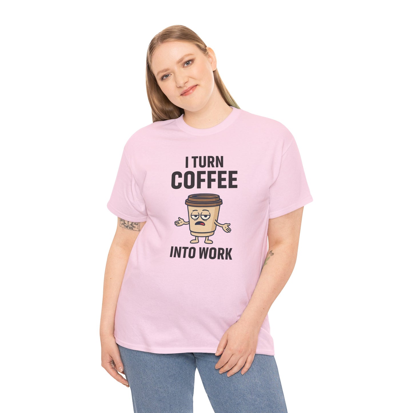 I Turn Coffee Into Work Tee, Funny Coffee Lover T-Shirt, Great for Office Wear, Gift for Coffee Addicts, Casual Wear