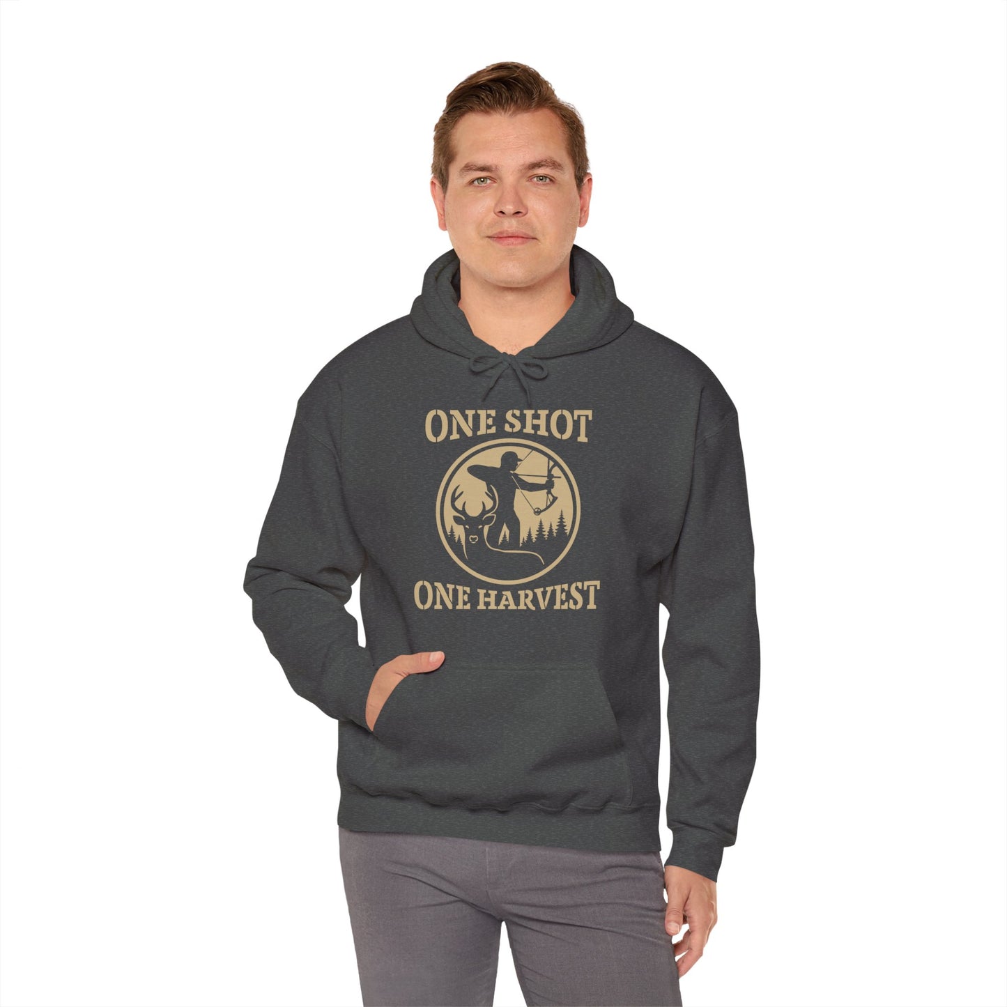 Hunting Themed Unisex Hoodie, Perfect for Bow Hunters, Fall Gatherings, Gifts, Cozy Layering, One Shot One Harvest Design