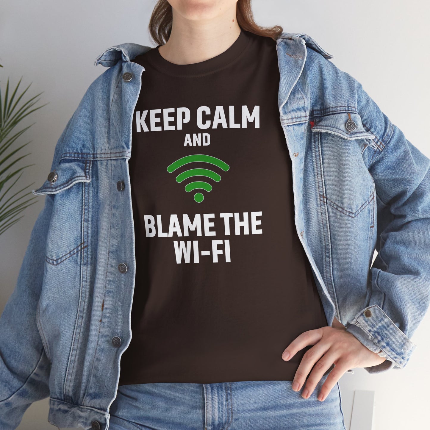 Keep Calm Blame the Wi-Fi Tee, Funny Unisex Heavy Cotton Tee, Perfect for Tech Lovers, Office Gifts, Internet Humor Shirt