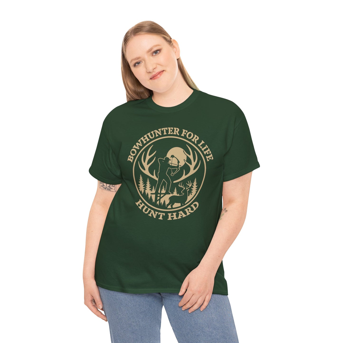 Unisex Heavy Cotton Tee featuring 'Bowhunter for Life - Hunt Hard' Graphic, Perfect for Hunters, Outdoor Enthusiasts