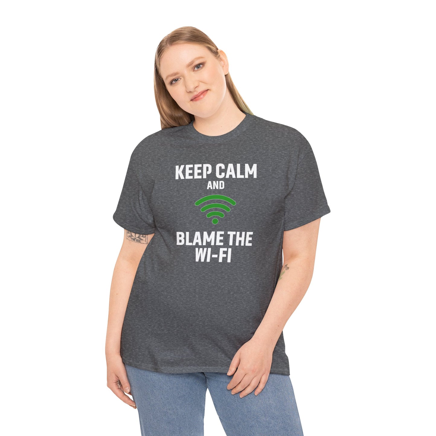 Keep Calm Blame the Wi-Fi Tee, Funny Unisex Heavy Cotton Tee, Perfect for Tech Lovers, Office Gifts, Internet Humor Shirt