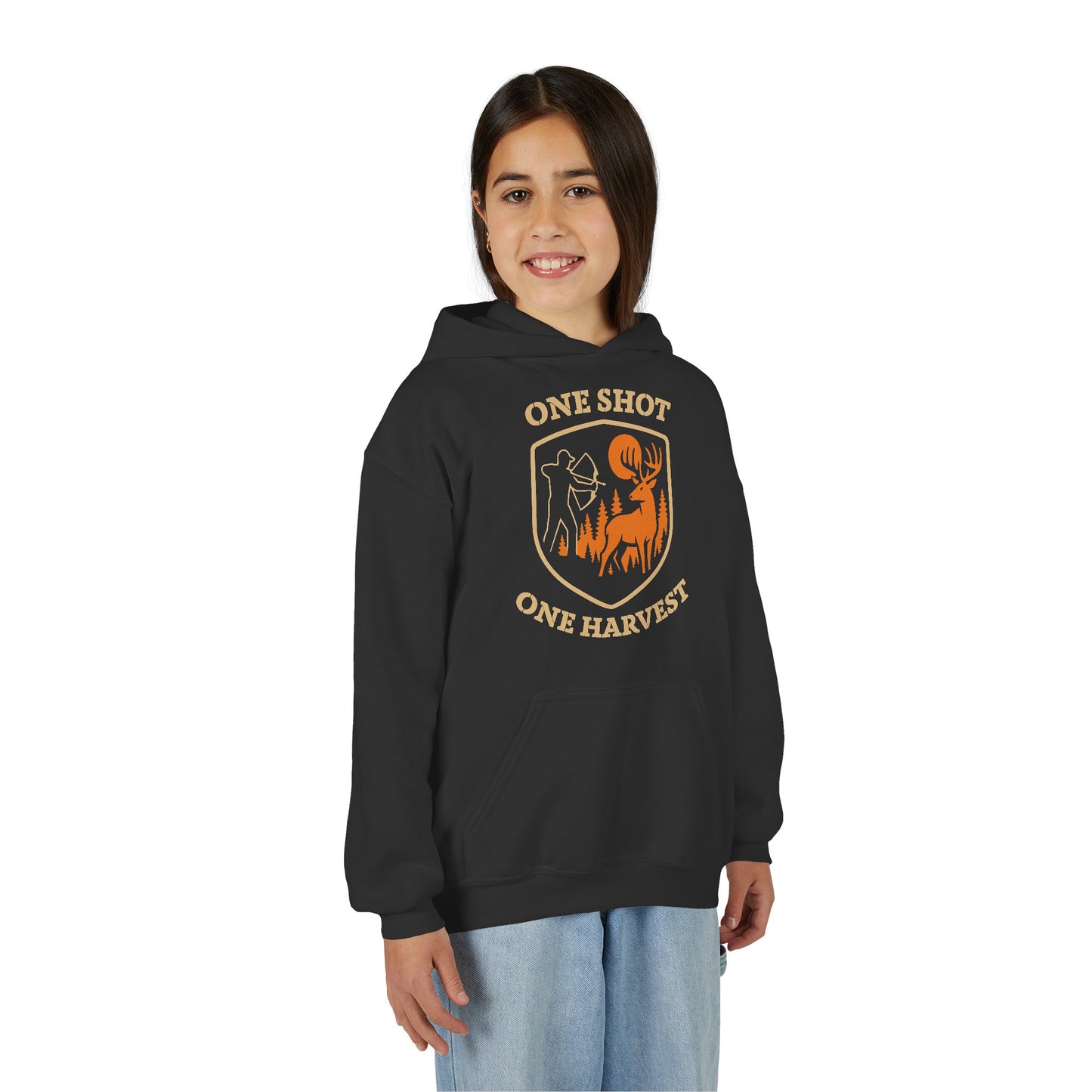 Hunting-themed Youth Hoodie, One Shot One Harvest Sweatshirt, Outdoor Gift for Teens, Fall Fashion for Kids, Perfect for Thanksgiving