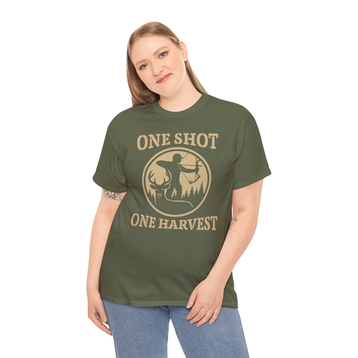 Hunting Tee, One Shot One Harvest Unisex Heavy Cotton Shirt, Outdoor Adventure Wear, Gift for Hunters, Camping Apparel, Fall Sportswear