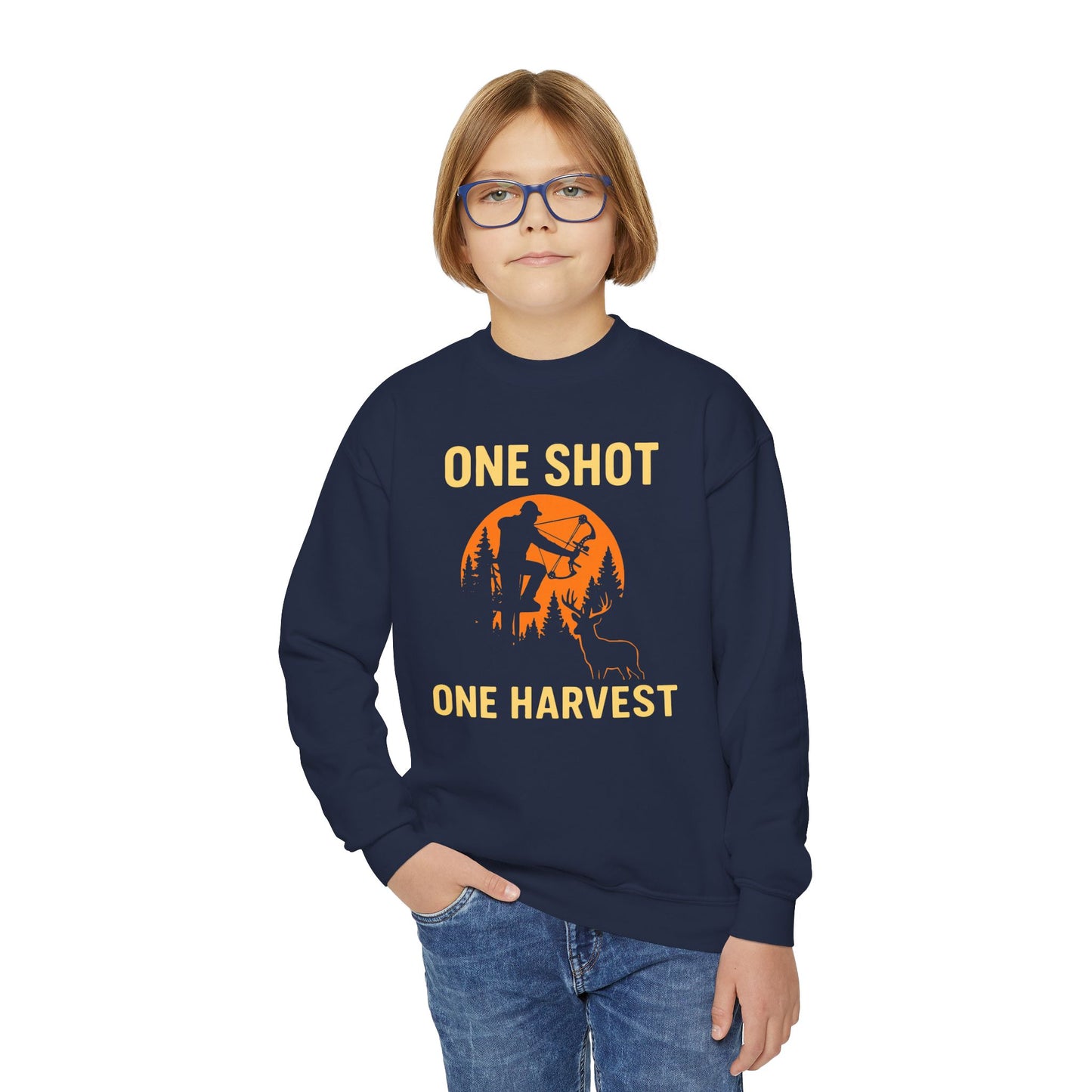 Hunting Vibes Youth Sweatshirt | One Shot One Harvest | Perfect for Young Outdoorsmen, Fall Gifts, Family Adventures, Sporty Style
