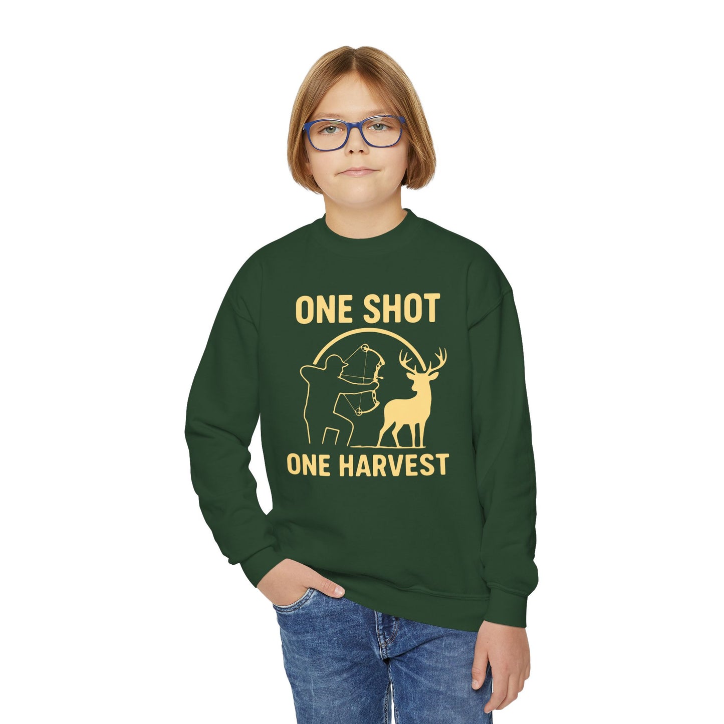 Youth Hunting Sweatshirt - One Shot One Harvest, Kids Outdoor Apparel, Fall Season Gift, Youth Crewneck Pullover, Birthday Gift
