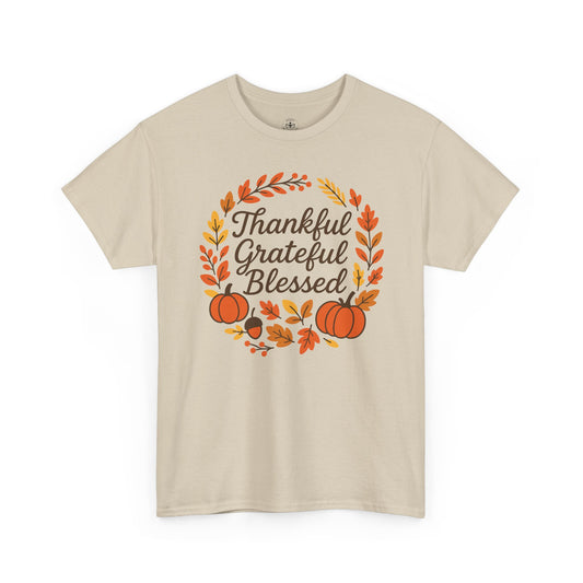 Thankful Grateful Blessed Tee, Fall T-Shirt, Thanksgiving Gift, Autumn Apparel, Unisex Graphic Tee