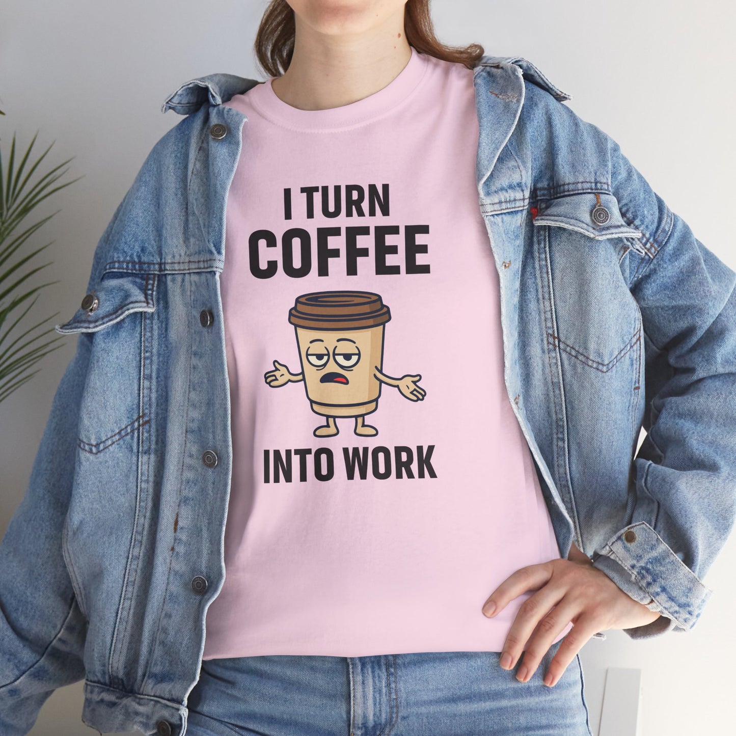 I Turn Coffee Into Work Tee, Funny Coffee Lover T-Shirt, Great for Office Wear, Gift for Coffee Addicts, Casual Wear
