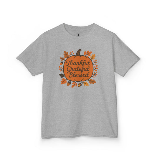 Thankful Grateful Blessed Kids Tee, Fall Shirt, Autumn Outfit, Thanksgiving Gift, Kids Cotton T-Shirt