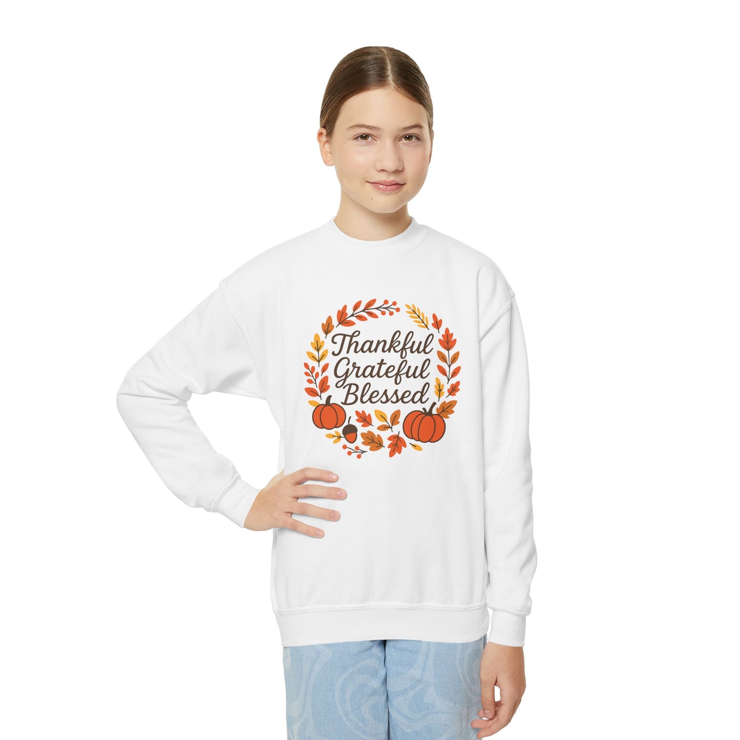 Thankful Grateful Blessed Youth Crewneck Sweatshirt, Fall Sweater, Thanksgiving Gift, Cozy Autumn Apparel, Cute Kids Sweatshirt