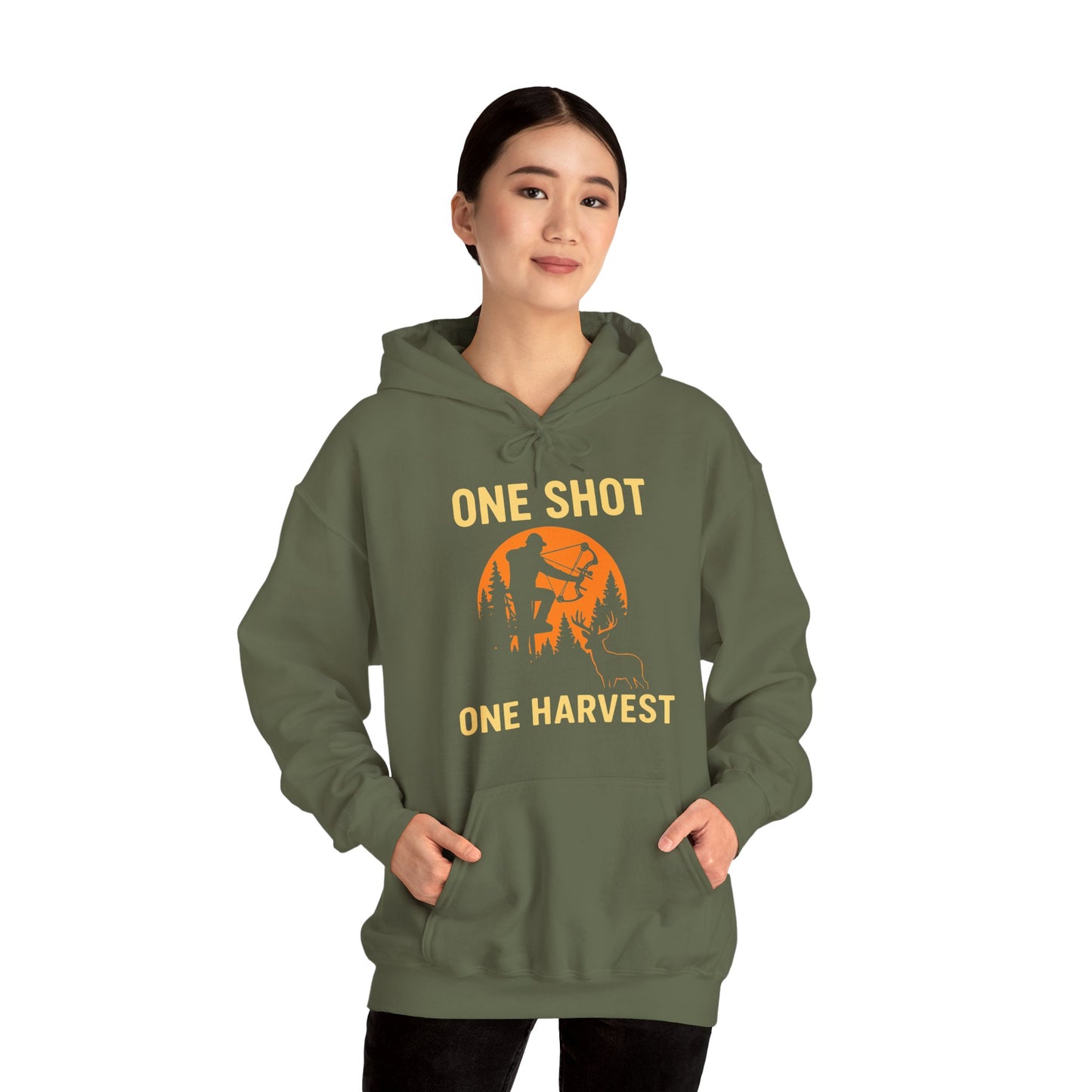 Hunting Theme Unisex Hoodie, One Shot One Harvest, Fall Apparel, Outdoor Gear, Gift for Hunters, Cozy Hoodie