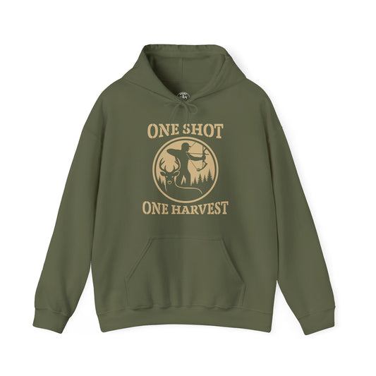 Hunting Themed Unisex Hoodie, Perfect for Bow Hunters, Fall Gatherings, Gifts, Cozy Layering, One Shot One Harvest Design