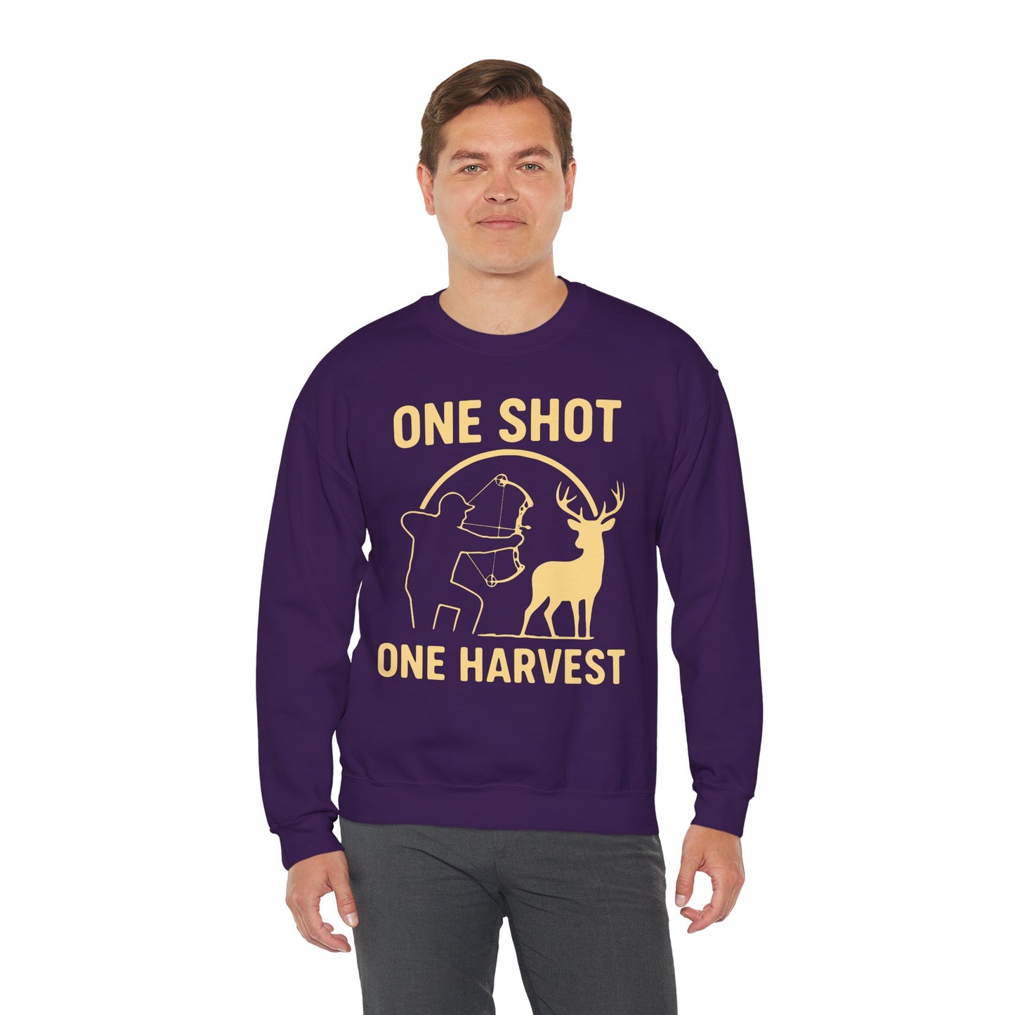 Hunting-Themed Crewneck Sweatshirt, Outdoor Apparel, Gift for Hunters, Fall Fashion, Men's Sweatshirt, One Shot One Harvest