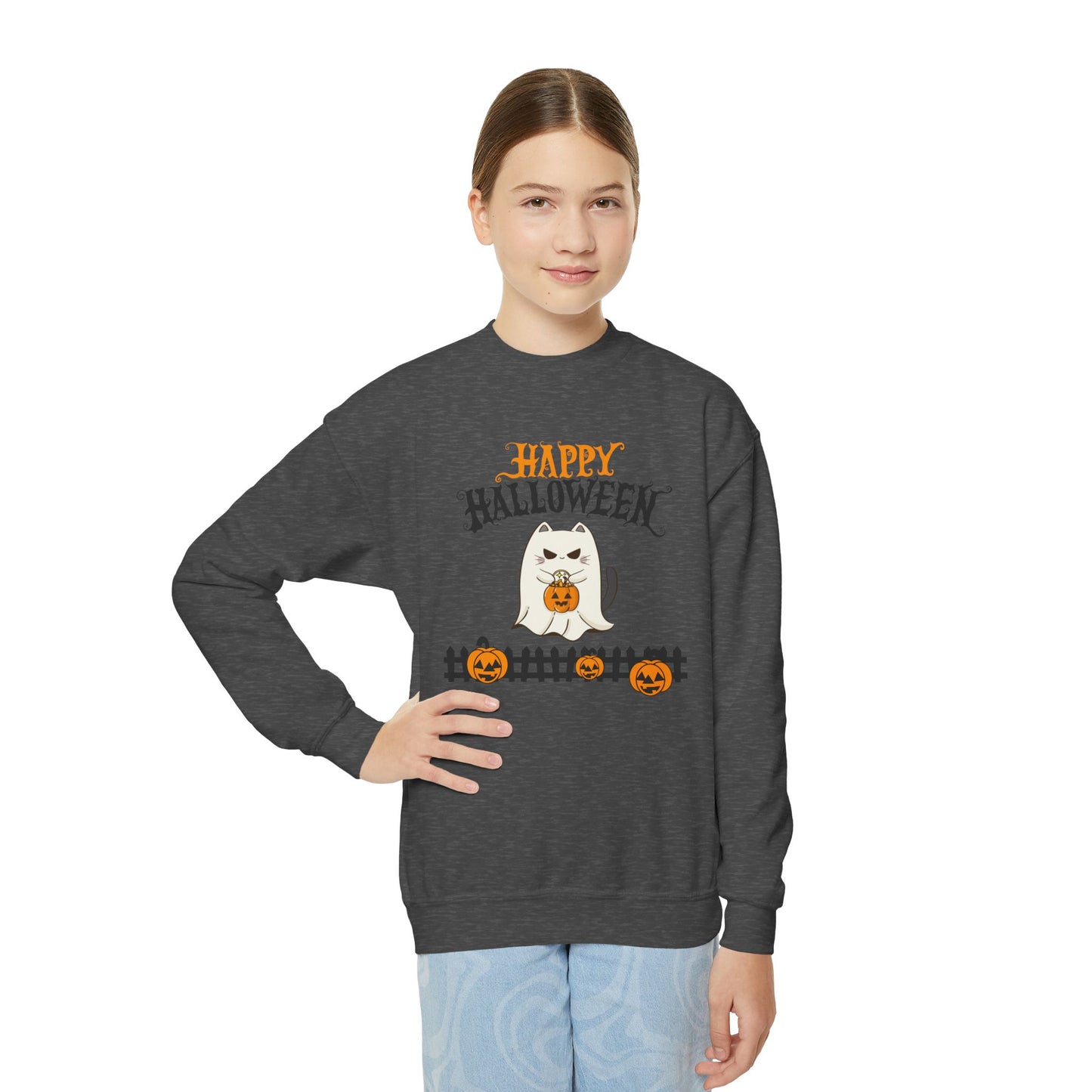 Happy Halloween Youth Sweatshirt, Cozy Kids Crewneck for Halloween, Pumpkin Design, Fall Fashion, Trick or Treat, Children's Sweater