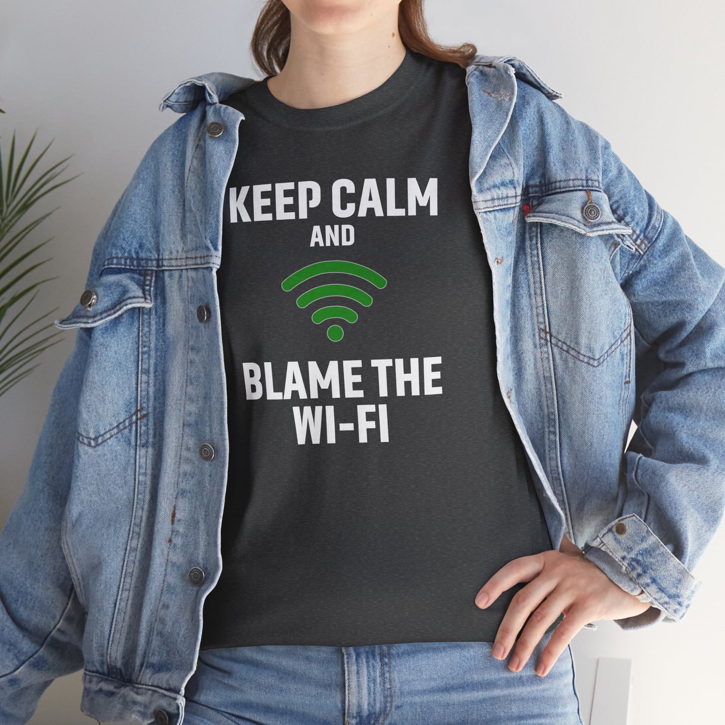 Keep Calm Blame the Wi-Fi Tee, Funny Unisex Heavy Cotton Tee, Perfect for Tech Lovers, Office Gifts, Internet Humor Shirt