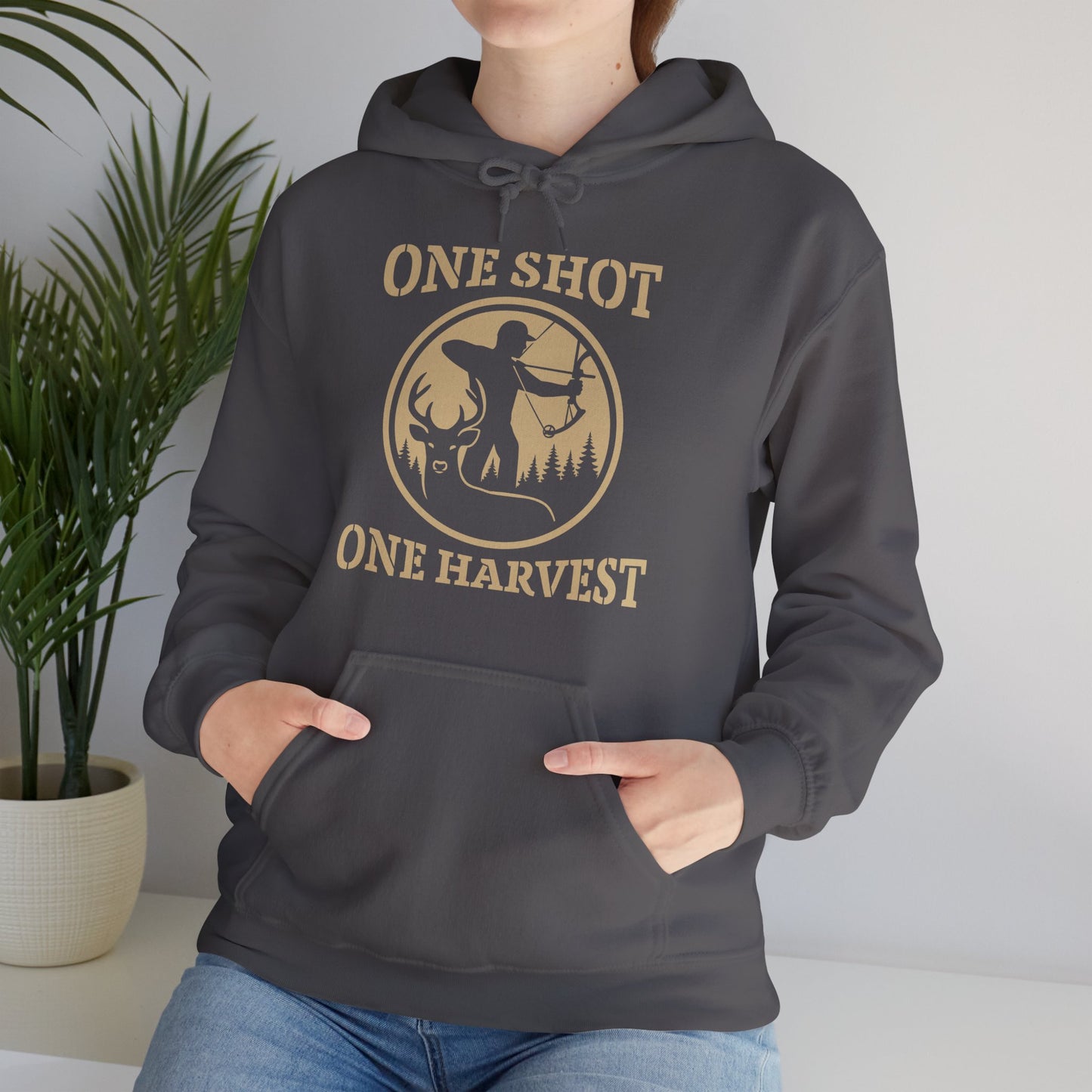 Hunting Themed Unisex Hoodie, Perfect for Bow Hunters, Fall Gatherings, Gifts, Cozy Layering, One Shot One Harvest Design