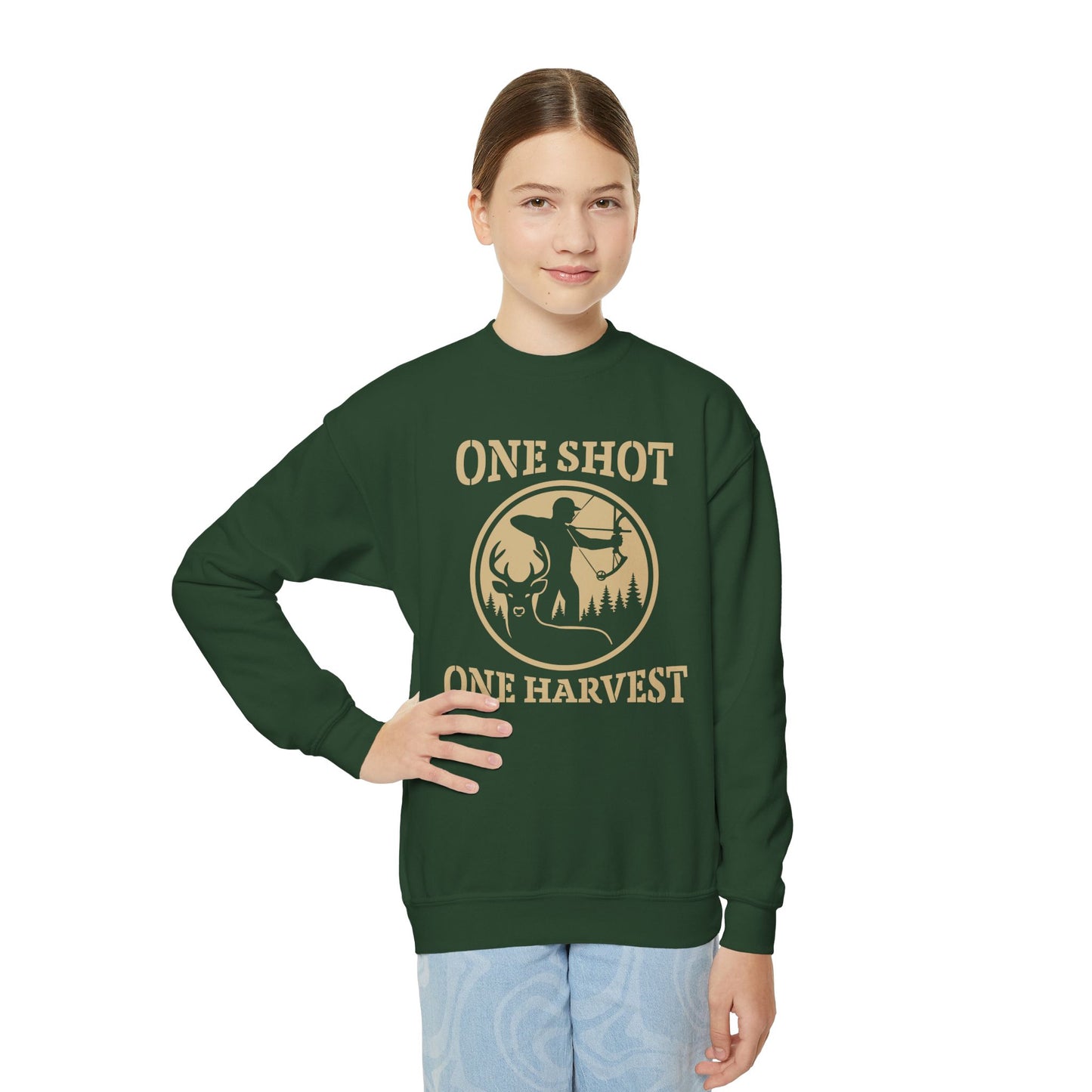 Youth Hunting Sweatshirt, Cozy Outdoor Apparel, Perfect for Fall, Gifts for Young Hunters, One Shot One Harvest Design