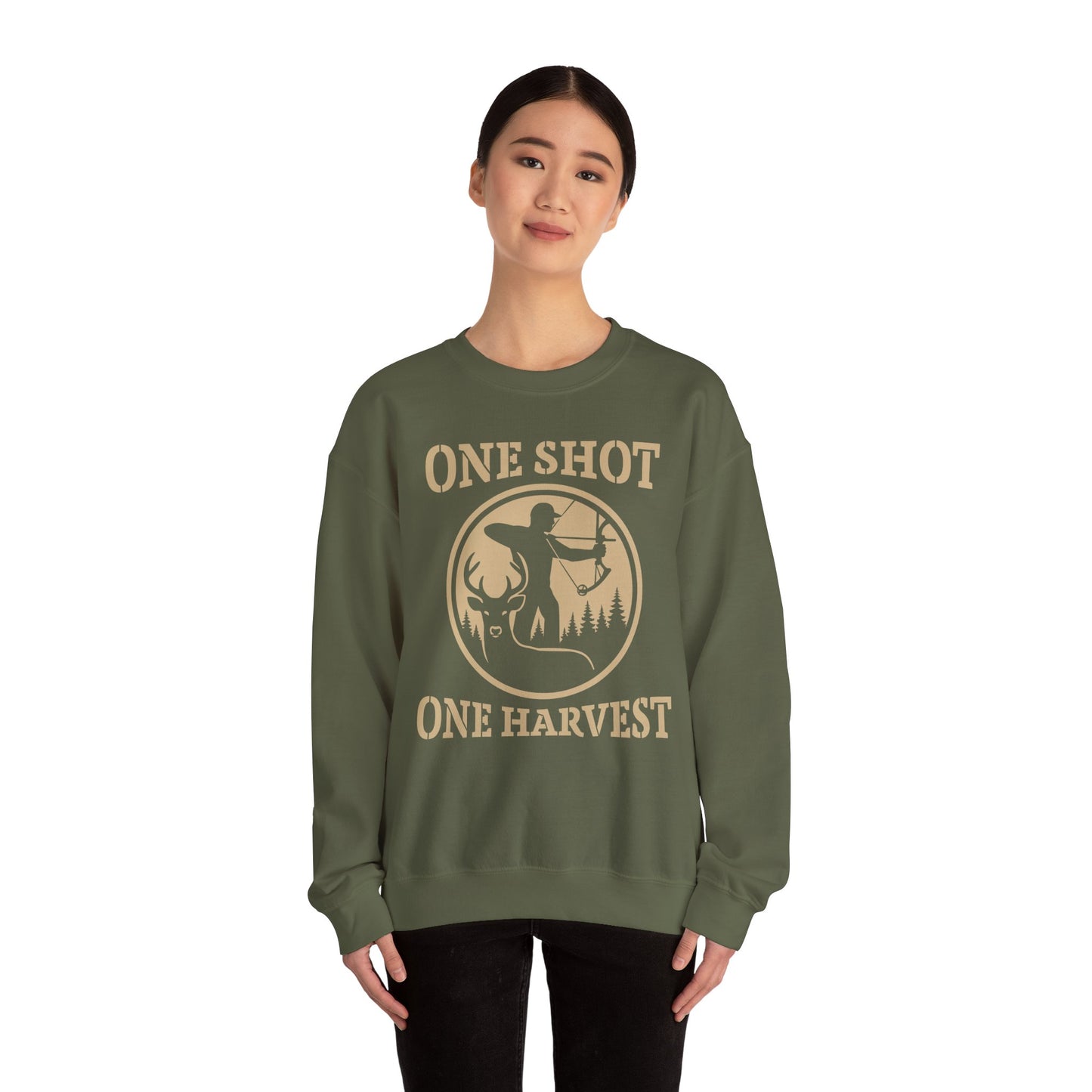 Rustic Hunter's Sweatshirt | One Shot One Harvest | Cozy Crewneck for Outdoor Lovers, Gift for Hunters, Fall Apparel, Nature Lover's Gift
