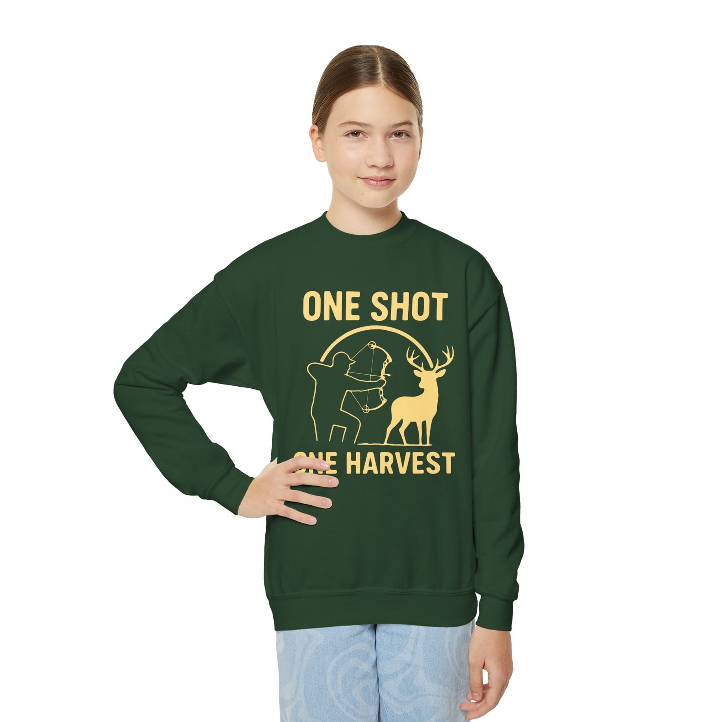 Youth Hunting Sweatshirt - One Shot One Harvest, Kids Outdoor Apparel, Fall Season Gift, Youth Crewneck Pullover, Birthday Gift