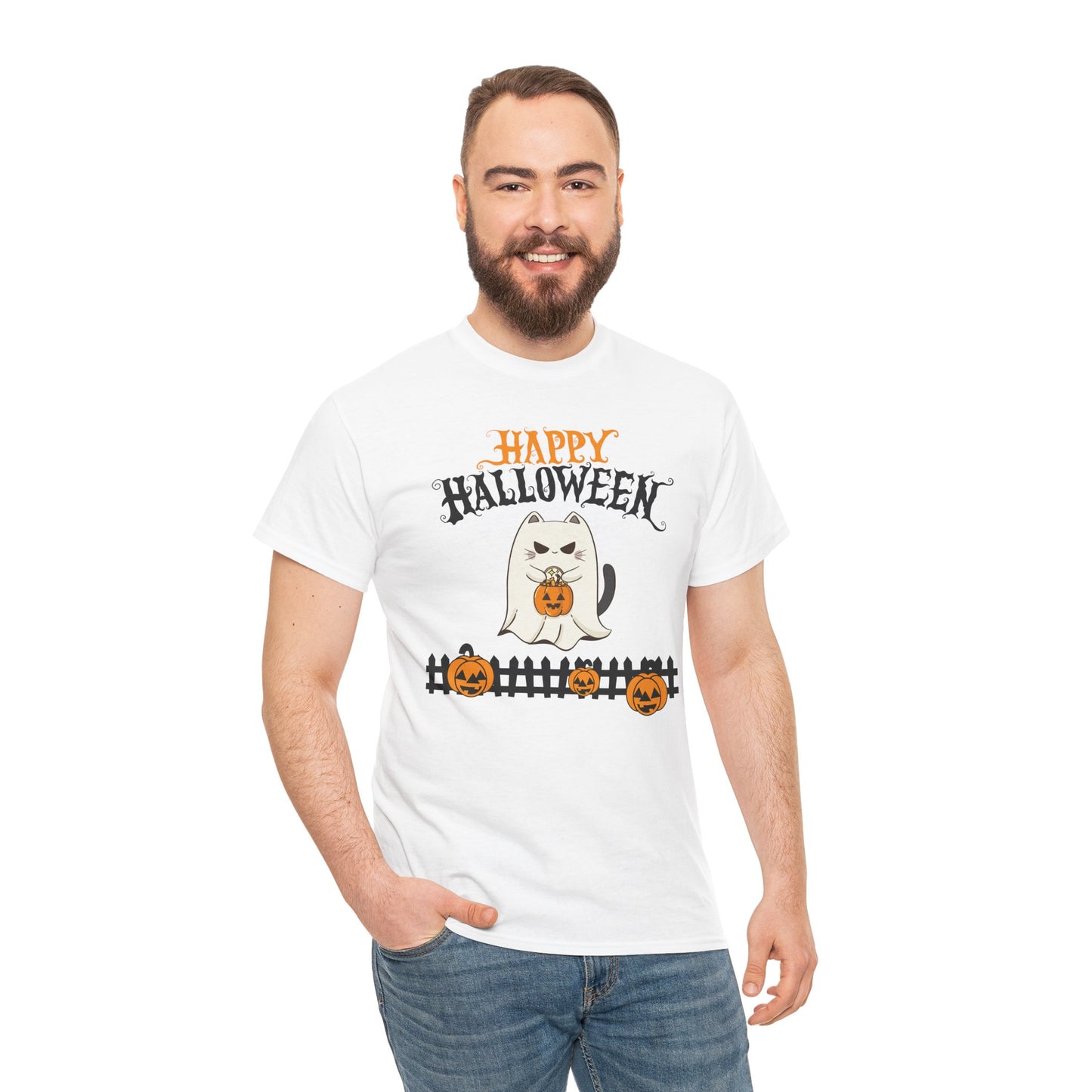 Halloween Cat Heavy Cotton Tee, Unisex, Spooky Fall Apparel, Cat Lover Shirt