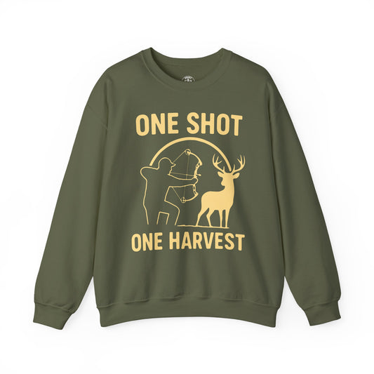 Hunting-Themed Crewneck Sweatshirt, Outdoor Apparel, Gift for Hunters, Fall Fashion, Men's Sweatshirt, One Shot One Harvest
